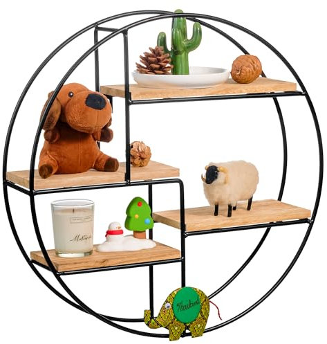 Hawthyhome Industrial Wandregal aus Holz und Metall Runde Regal für Deko Wohnzimmer, Schlafzimmer, Küche und Badezimmer, Wandregale Metall Wanddekoration Schwarz - 42x10 cm