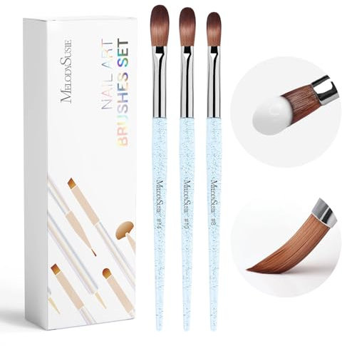 MelodySusie 3Pcs Acrylic Nail Brush Set, Size 8/10/14 Professional Nail Brushes for Acrylic Powder Nail Art Extension and 3D Nail Carving for DIY Home Salon Nail Art Manicure Tool (Blue)