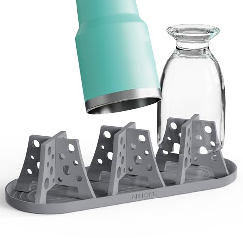NiHome Flaschenabtropfgestell, 3er Set Silikon Flaschenhalter mit Abtropfschale, Flaschen Trockenständer für Stanley Becher, Owala Sportflaschen, Babyflaschen, Thermoskannen, Weingläser(Dark Gray)