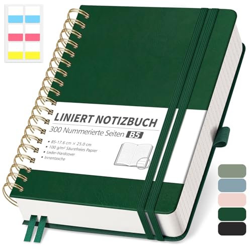 RETTACY Notizbuch B5 Liniert, Bullet Journal mit 100 g/m² Dickem Papier, 150 Blatt/300 Nummerierten Seiten, Collegeblock für Büro und Schule, Lederhülle, Dunkelgrün, 17.6 cm x 25 cm