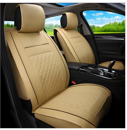 CGEAMDY Sitzbezug Set Universal, Luxus Wasserdicht Autositzschutz, Auto-Sitzbezüge Vordersitze Kunst Leder, Pu-Leder-Autositzabdeckungen Vorne, Wasserdichtes Autositzbezüge Geprägten(Beige)