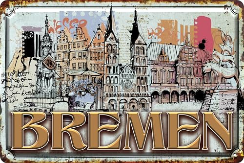 Deko Blechschild für Bremen Fans, Liebhaber, Souvenir, Tourismus, Erinnerung, Sehenswürdigkeit, Geschenk Schild, 20 x 30 cm (Dom und Rathaus)