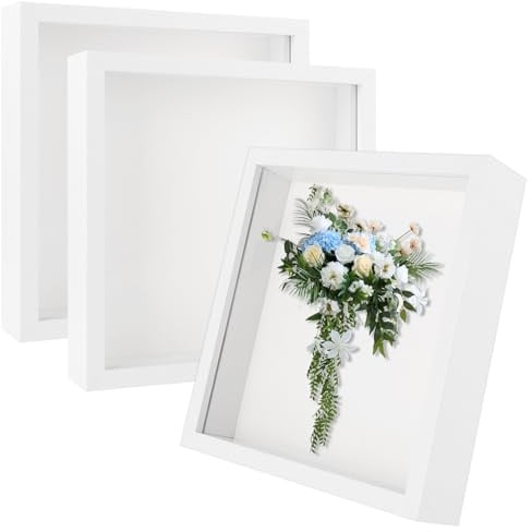 MIVIDE 3D Bilderrahmen zum Befüllen, 3D Bilderrahmen 20 x 20cm, 3 Stück | 3D Rahmen Tiefer Objektrahmen für Objekte bis 3 cm, für Hochzeitsstrauß, DIY Kunstwerke, Weiß