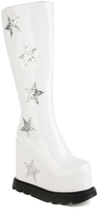 LRMYMHY Damen Plateau Keilstiefel Mit Reißverschluss Blockabsatz Gothic Boots Winter Runde Zehen Mid-Calf Stiefel,Weiß,36 EU