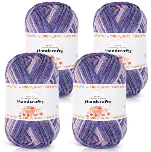 Aeelike 200g(4x50g) Farbverlauf Häkelgarn Baumwolle zum Stricken, Langlebige Amigurumi-Set Acryl Baumwollgarn, 5Ply Wolle zum Häkeln für Socken, Mützen, Schals, Pullover, Puppen, Rosa Lila