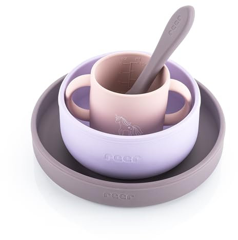 reer Juego de vajilla de silicona para niños, 4 piezas, plato, cuenco, vaso y cuchara, silicona de grado alimenticio, apta para horno, microondas y congelador, apto para lavavajillas, color morado