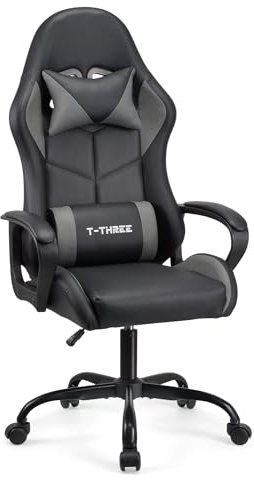 T-THREE.Silla ergonómica de Respaldo Alto para Gaming, Oficina, Estudio, giratoria y Estilo Carrera, con Soporte Lumbar y reposacabezas Ajustables, 150 kg, Ideal para Oficina en casa.(Grey)