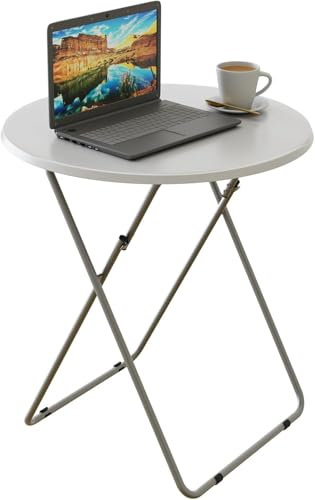 Round Folding Table, Folding Snack TV Tray Table, Camping Balcony Foldable Tables, Laptop Tables for Small Space Living Room Bedroom Outdoor (White)