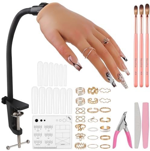 EBANKU Practice Hand for Acrylic Nails, Flexible Fingers Fake Hand Nail Practice Training, Nail Silicone Practice Hand with Nail Art Training Tools Jewelry for Beginners