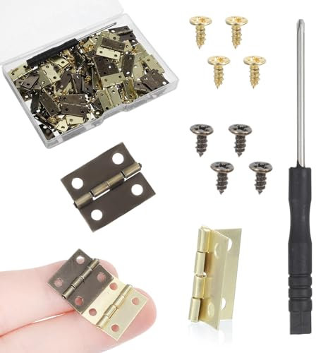 Yuanchu 60 Stück Mini Scharniere, Klein Scharniere Klappbar Messing Mini Scharnier mit Schraubendreher und 240 Schrauben Modellbau Scharniere für Holzkiste Schmuck-Box Puppenhaus Miniatur Moebel