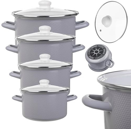 KADAX 4-teiliges Topfset aus Emaille, Emailletöpfe mit Transparenten Deckeln, Kochgeschirr 4er-Set, Kochtöpfe mit Griffen, Töpfe im Vintage oder Modern Stil (Hellgrau)