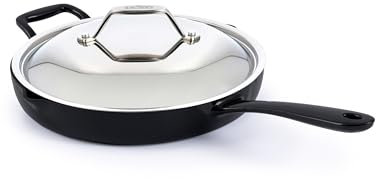 All-Clad Cast Iron Skillet - 12” Enameled Cast Iron Pan with Lid, Enamel Coating, Grill, Oven Safe up to 650°F & Compatible with All Stovetops (Gas, Electric & Induction), Easy-Clean Frying Pan, Black