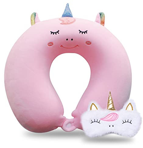 MissSoul Reisekissen, Kinder-Reisekissen mit Schlaf-Augenmaske, weiches Memory-Schaum-Nackenkissen für Kinder, Jungen und Mädchen, Teenager, Reisezubehör für Flugzeug, rosa Einhorn-Nackenkissen