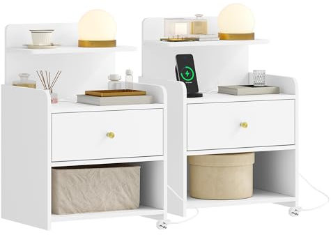 HEXCELEN Nachttisch 2er Set, Beistelltisch mit 1 Schublade und 2 Offenen Fächern, Nachtschrank, Sofatisch, Platzsparend, für Schlafzimmer, Wohnzimmer, Modern, Weiß