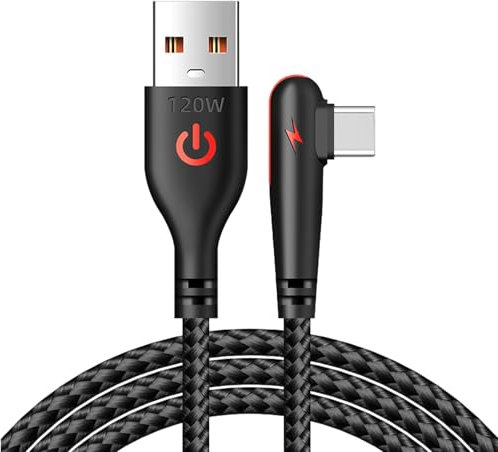 USB C 90 Degree Cable - 120W Flash Charging 6a Charge Cable | Fast Charging Cord Type C, USB C Right Angle, Charging