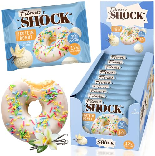 FitnesSHOCK Protein Donuts, Vanilla Flavor with Sprinkles - No Added Sugar, High in Fiber & Protein (12g/17%), Palm Oil-Free, Stevia-Sweetened, 9 Pack (70g each)
