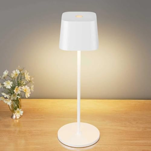 brightower Tischlampe Kabellose, Wiederaufladbar 3 Farben(3000-6000K) LED Tischleuchte,Dimmbare Akku Tischlampe Für Innen und Aussen mit USB-C,IP54 Wasserdichte Aluminium Tischleuchte (weiß)
