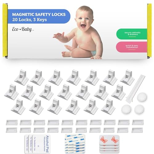 Baby-Sicherheits-Schrankschlösser – schlüsselloses magnetisches Design (20er-Pack) | kindersichere Schubladen- und Schrankriegel | inklusive 3 Ersatzschlüssel (weiß)