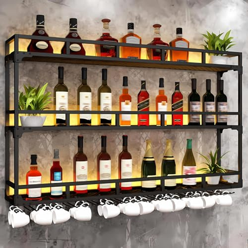 SPTZQURY Wall Mounted Wine Rack, 3 Tier Large Metal Industrial Liquor Bottles Shelf with Glass Holder For Kitchen Bar Dining Room Decoration (Black, 100cm) (Black, 100cm)