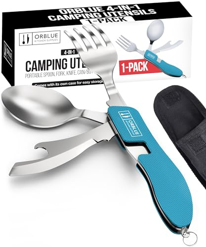Orblue 4-in-1 Camping Utensils, 2-Pack, Portable Stainless Steel Spoon, Fork, Knife & Bottle Opener Combo Set - Travel, Backpacking Cutlery Multitool (Blue 1-Pack)