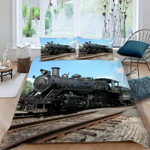 Zug Bettwäsche 200x220 Retro-Zug Bettwäsche Set, 3D Bettbezug Set Weich Microfaser Bettbezüge 3 Teilig Jugendliche Wendebettwäsche für Doppelbett, mit 2 Kissenbezüge b5675
