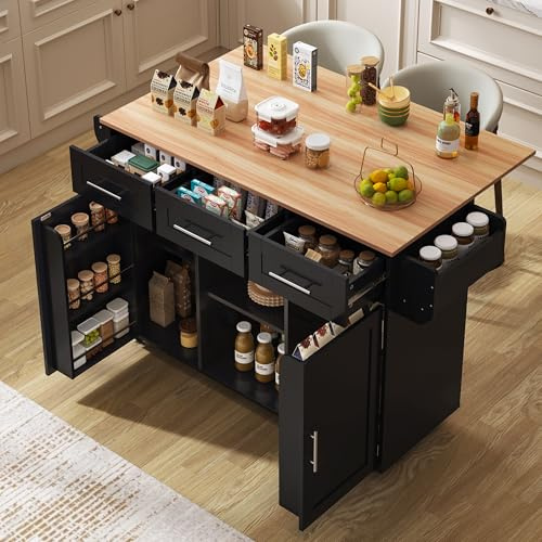 Isla de cocina con encimera plegable, isla de cocina móvil, carrito de servir con ruedas, cajones y taquillas, patas de madera maciza intercambiables, adecuada para comedor, cocina (negro, 129 x 75 x
