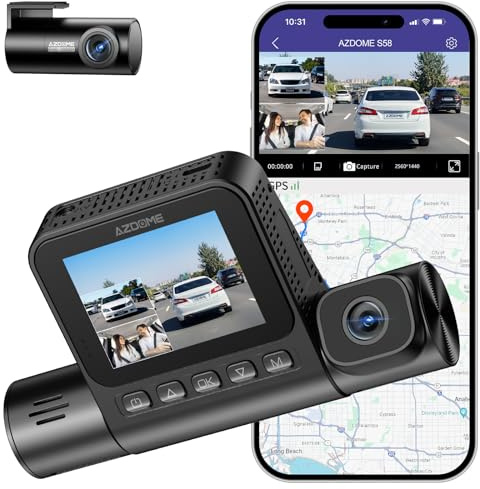 AZDOME S58 4G LTE Dashcam Auto 3 Kanal, 2.5K+1080P+1080P Autokamera Vorne Hinten Innen, GPS, 5GHz WiFi App, OBD & Hardwire Kit enthalten, WDR Nachtsicht, G-Sensor, Parkmodus