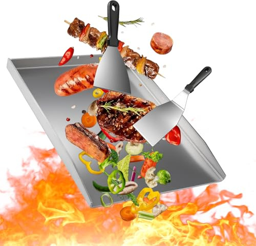 Nikou Plancha en Acier inoxydable 40 x 30 cm, Plaque de Cuisson avec 2 Spatules, Rectangulaire Plancha Universelle pour Barbecue à Gaz et au Charbon de Bois