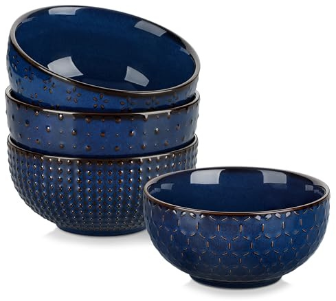 MALACASA Cereal Bowls Set of 4, 780ml Large Bowl Dish Stoneware Soup Bowls Set Dessert Bowls Breakfast Bowls Ceramic Bowls for Salad, Fruit, Series LYDIA Blue