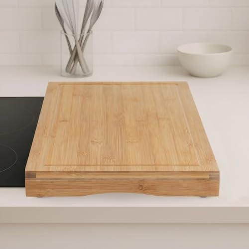JUANIO Planche Couvre vitrocéramique Cache Plaque en Bambou 2-en-1,Planche à découper en Bois et Protège Plaque - Longueur 52 X Larguer 28 X Hauteur 4 cm