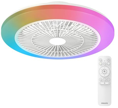 Philips Amigo. Ventilatore a soffitto con LED, Diametro 48 cm, Bianco | Pale curve, Struttura sicura a doppio anello, 4400 lm, Full color 2700-6500 K, 6 velocità, Telecomando incluso