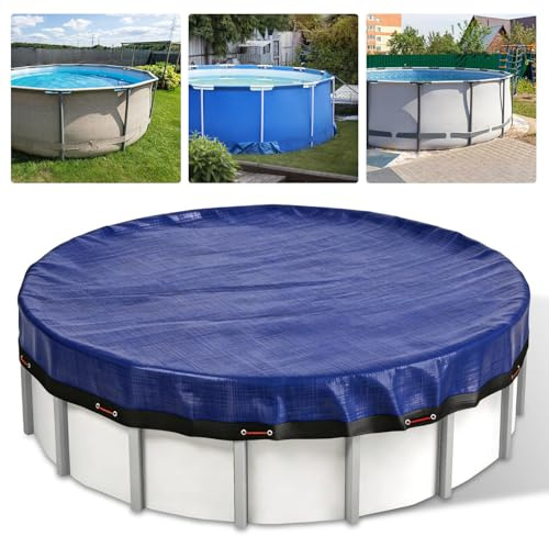 ISOISL Bâche de piscine ronde Ø 420 cm, bâche de piscine 160 g/m², bleu-noir, bâche de protection pour piscine hors-sol avec bordure en tissu, tendeur de corde, corde en acier de 14 m et corde