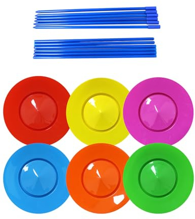 Set di 6 piatti da giocoliere in plastica, piatti girevoli con 12 bastoncini, pratici accessori per adulti per allenare le capacità di equilibrio (colori misti)
