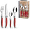 LOU LAGUIOLE TRADITION Steakmesser Besteck Set 24-teilig | Steakbesteck mit Tradition und Stil | Griffe in Rot | Wellenschliff Messer | Grillbesteck Set | Scharfe Messer | Besteck Set 6 Personen