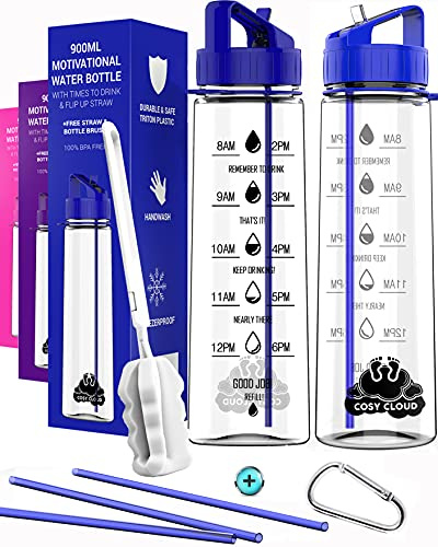 COSY CLOUD Water bottle with straw - Motivational water bottles with times to drink; time markings measurements for Sports Gym Office - BPA free leak proof reusable Tritan plastic 1 litre