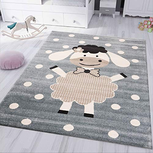 VIMODA Kinderteppich Kinderzimmer Babyteppich Fröhlicher Schaf Mint Blau Beige Dots, Maße:Ø 120 cm Rund