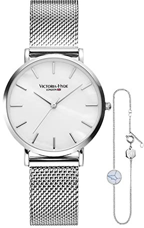 VICTORIA HYDE Silber Damen Quarz Uhren Armreifen Set Edelstahl