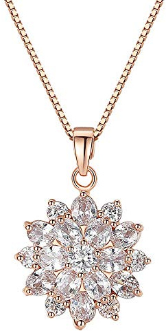 Onefeart Rose Gold Plated Pendant Necklace for Women Girls Round Cubic Zirconia Ladies Style Classic Everlasting Flowers Pendant 48CM Rose Gold