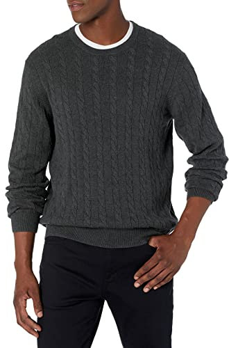 Amazon Essentials Men's Crewneck Cable Cotton Jumper, Charcoal Heather, M