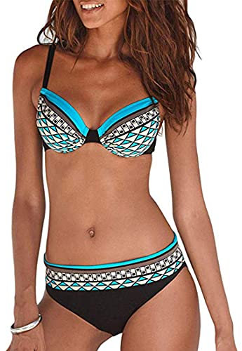 JFAN Costume da Bagno Sexy da Donna Imbottito da Bagno Push Up Bikini Stampa Tribale Swimsuit,Blue - M
