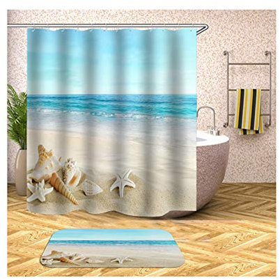 Daesar Badematten WC Vorleger 40x60 Meer Muschel Seestern Lustiger 150x200 cm Duschvorhang Antischimmel, Badematten Set