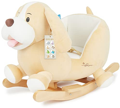 Bieco Plüsch Schaukeltier Hund 'Sam' | Kinder Schaukelstuhl mit Sicherheitsgurt | Baby Schaukel | Schaukel Kleinkind | Schaukeltier Baby Zimmer Schaukelwippe ab 9 Monate | Schaukelpferd Holz