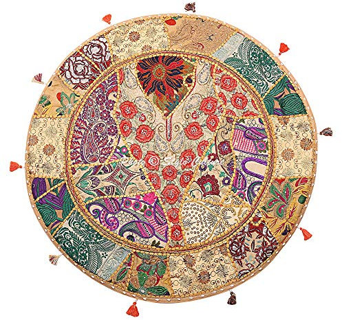 Stylo Culture Ethnisch Dekorativ Rund Bodenkissenbezug 70 x 70 cm Groß Bodenkissen Patchwork Vintage Beige Boho Patchwork Wohnkultur Baumwolle Bestickt Boden Sitzkissen Hocker