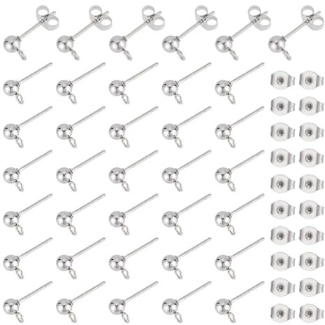 UNICRAFTALE 100 Stück (50 Paare) Edelstahl Ohrstecker, 0.8mm Pin Ball Ohrstecker Komponenten Mit Offener Schleife, Kugel Ohrstecker Mit Ohrringrücken Schmuck Fundstücke Für Die Ohrringherstellung