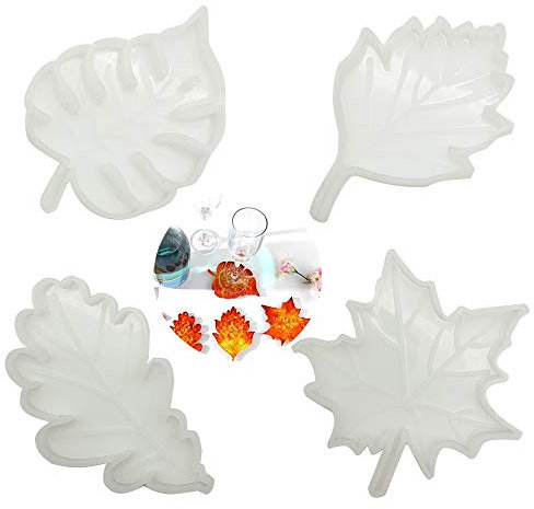 GOIYZTTR Lot de 4 Moule en Silicone pour Sous-Verres en Résine pour Faire des Dessous de Verre, Tapis de Bol, Décoration de Maison, 4 Styles Moules en Résine Coaster de Feuille