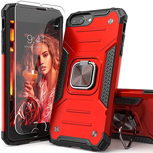 IDYStar iPhone 8 Plus Case with Tempered Glass Screen Protector, Hybrid Drop Test Cover with Card Mount Kickstand Slim Fit Protective Phone Case for iPhone 6/6s/7/8 Plus, Red