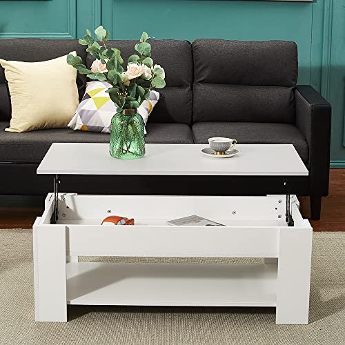 Panana Lift Up Top Coffee Table with Hidden Compartment and Shelf Wood Fold Top Expanding Side Coffee Tables Home Office Living Room Furniture White
