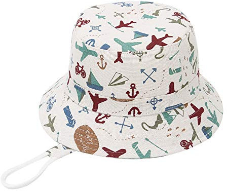 EOZY Chapeau Bob Coton Bébé Enfant Anti-UV Vintage Motif Cartoon Chapeau Pêcheur Chapeau de Soleil Été Fille Garçon Outdoor Voyage (Avion, 1-2 Ans)