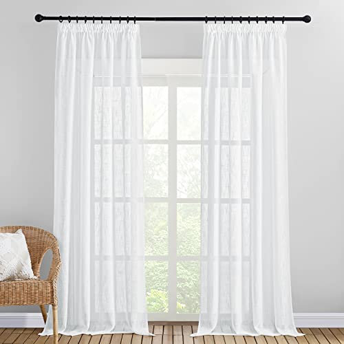 PONY DANCE Extra Lange Gardinen und Vorhänge mit Kräuselband 2er Set H 280 x B 140 cm Gardine Leinenoptik Vorhang Weiss Halbtransparent Wohnzimmer Weiß
