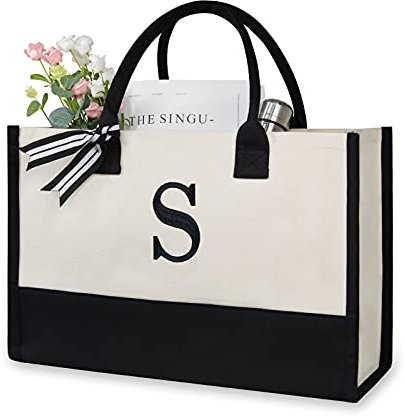 TOPDesign Embroidery Initial Canvas Tote Bag, Personalized Present Bag, Suitable for Wedding, Birthday, Beach, Holiday, is a Great Gift for Women, Mom, Teachers, Friends, Bridesmaids (Letter S)